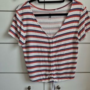 Me to We ruched top with stripes in colors blue, orange and maroon in a size L